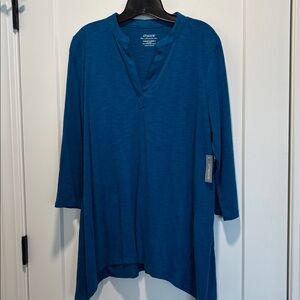 NWT…Chicos Aurora Teal Cotton Slub 3/4 SLV Basic Knit Tunic Top SZ 2